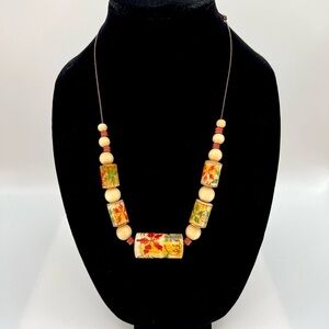 Hand Painted Wooden Bead Necklace With Adjustable Leather Cording Bohemian